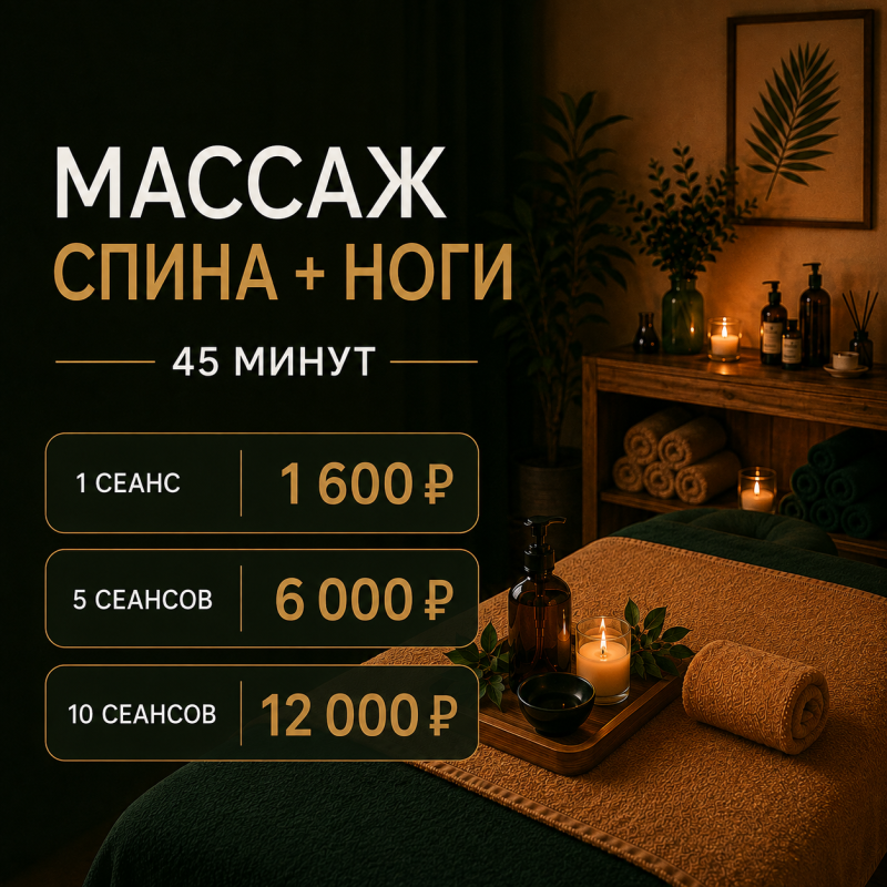 Массаж спины + ноги, 45 минут 