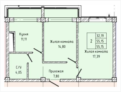 2-комн. 55,15кв.м