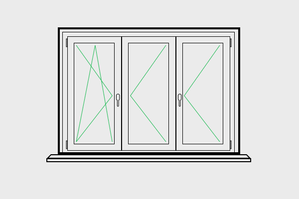 Трехстворчатое окно с поворотом