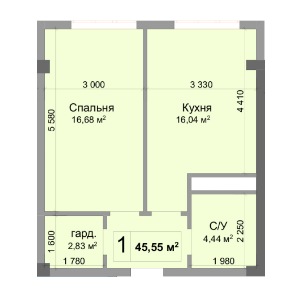 1-комн. кв. 45,55 м² 4/11 эт.
