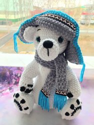 Игрушка Сувенир Белый медведь в шапке-ушанке ручная работа