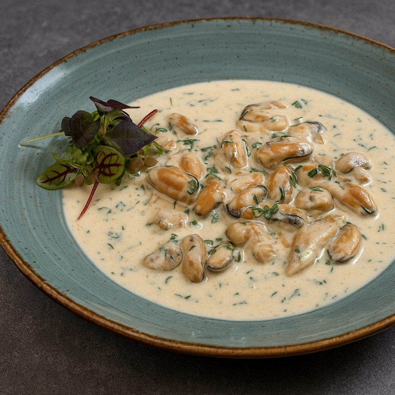 Мясо мидии в сливочно-чесночном соусе