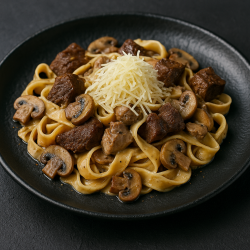 Фетучини с пряной говядиной и грибами