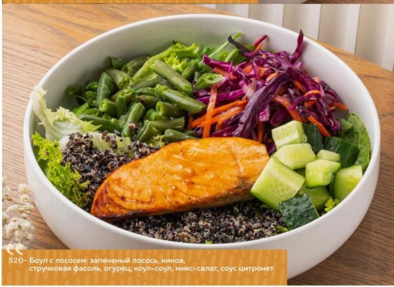 Боул с лососем: запеченый лосось, киноа, стручковая фасоль, огурец, коул-соул, микс-салат, соус цитронет