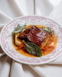 Лягур с пастой (говядина копченая, паста, болгарский перец, лук)