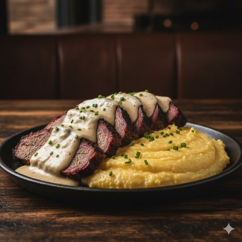 Копченая говядина в сливочном соусе с кашей гритс