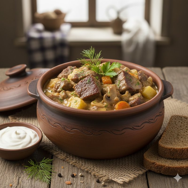 Жаркое с копченой говядиной на сметане