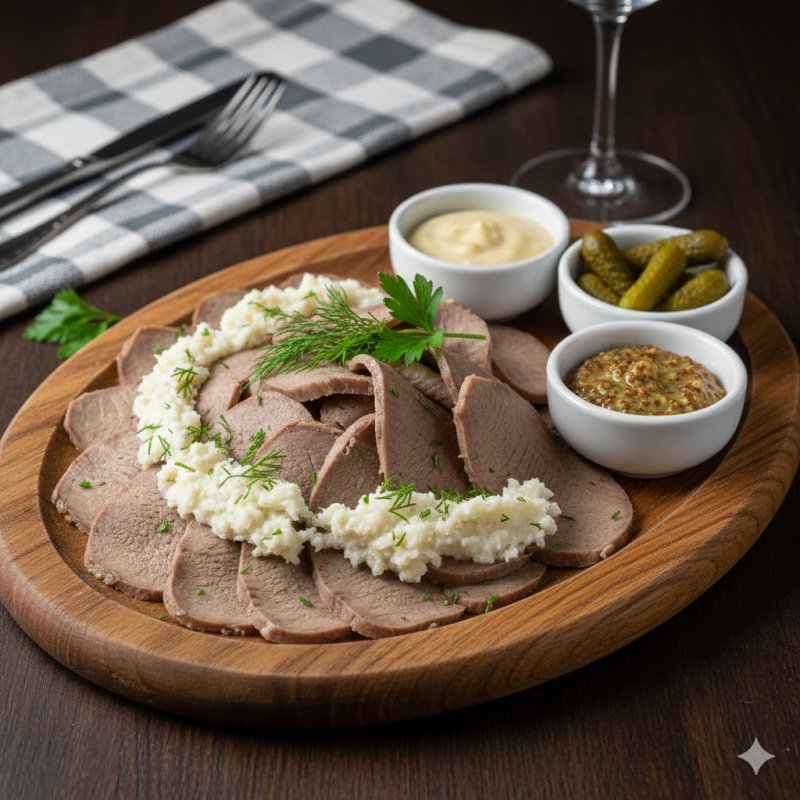 Язык отварной с хреном