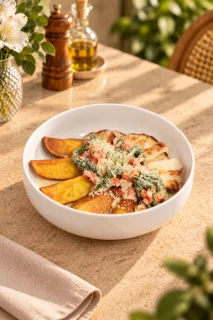 Куриная грудка с запеченным картофелем под сливочно-овощным соусом