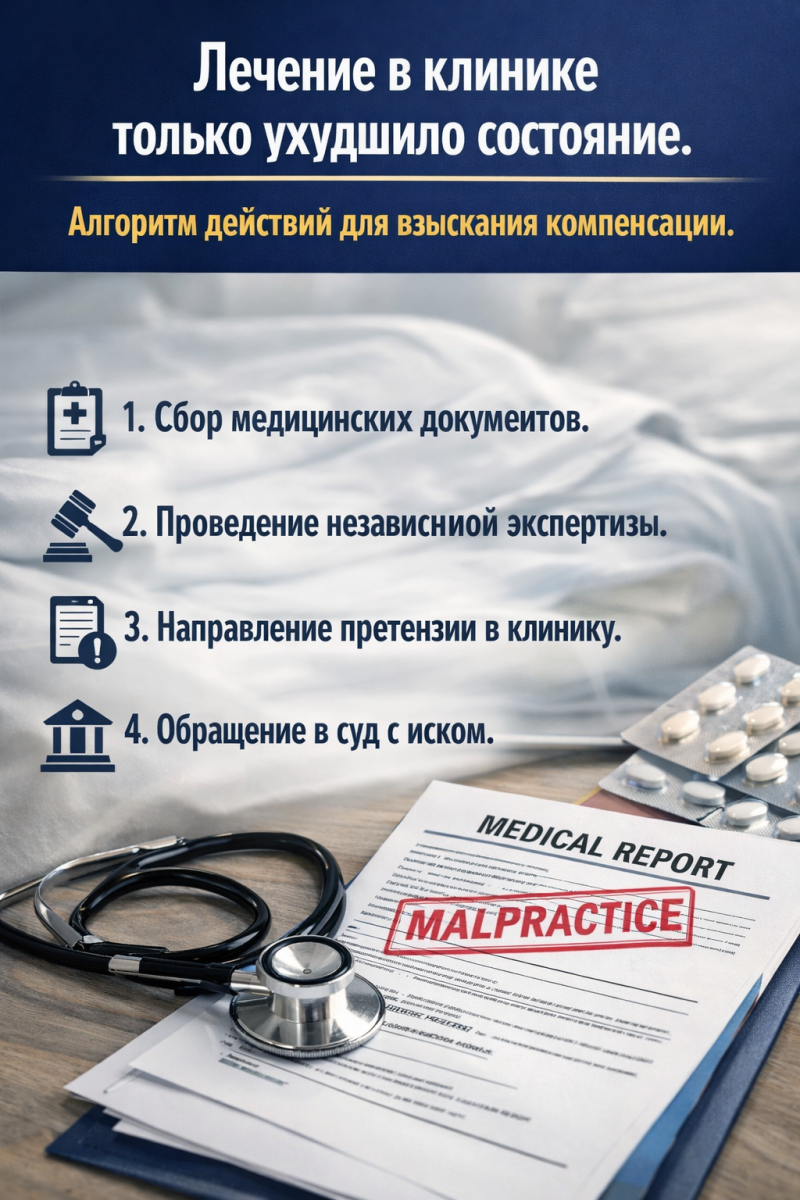 Лечение в клинике только ухудшило состояние. Алгоритм действий для взыскания компенсации.