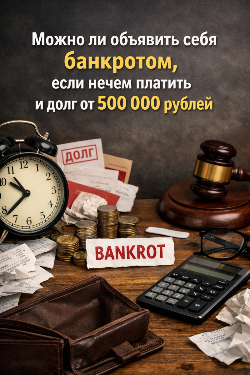 Можно ли объявить себя банкротом, если нечем платить и долг от 500 000 рублей