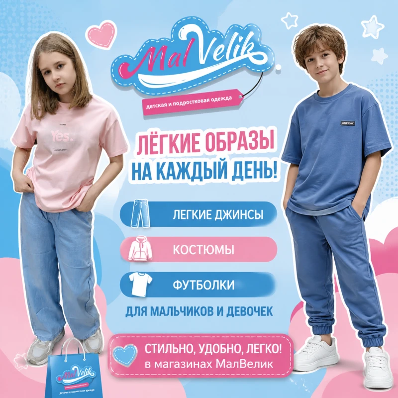 В магазинах "МалВелик"  коллекция легкой и стильной одежды для ваших мальчиков и девочек! 🤩