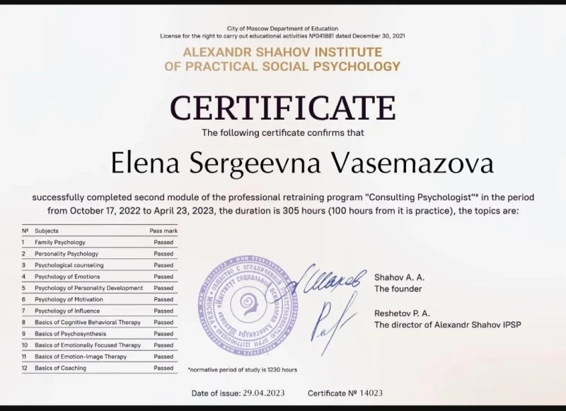 Психолог Елена Сергеевна Васемазова