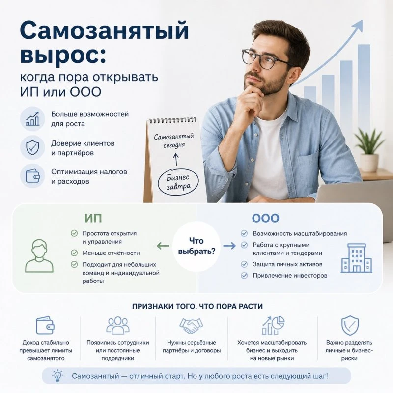 Самозанятый вырос: когда пора открывать ИП или ООО 📈💼