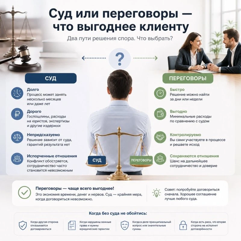 Суд или переговоры — что выгоднее клиенту
